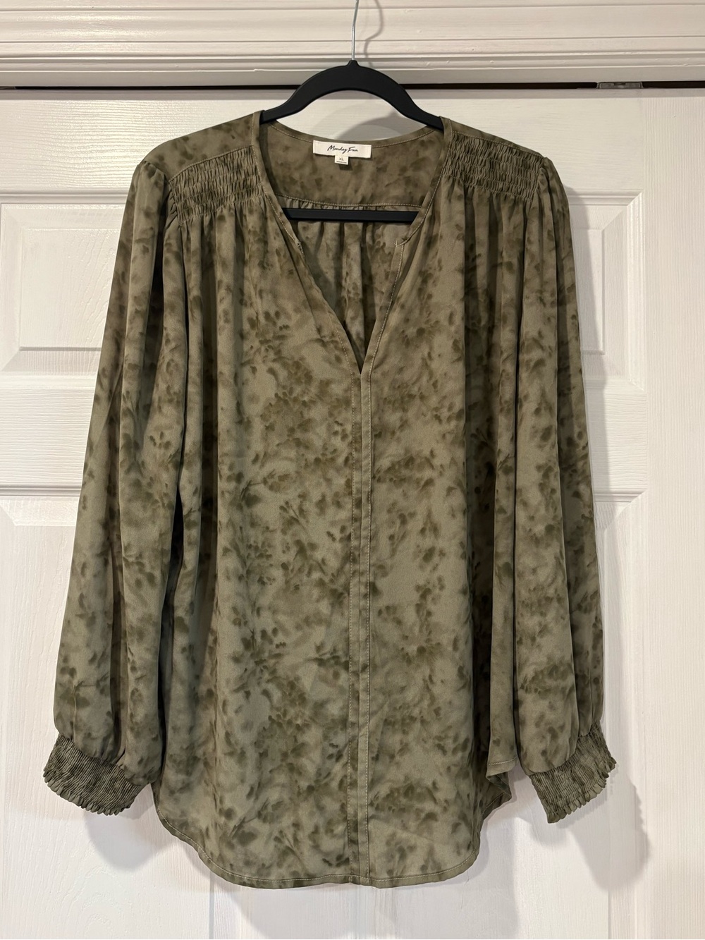 Monday Fun Olive Green Tie-Dye V-Neck Smocked Blouse